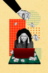 Vertical photo collage of upset american businesswoman sit office laptop boss hand throw crumpled...