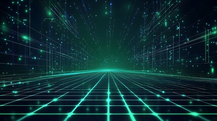 A futuristic digital landscape featuring glowing grids and vibrant particles, creating an immersive virtual reality experience.