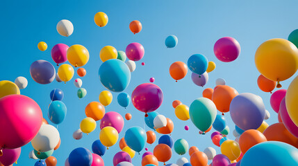 A vibrant array of colorful balloons floating against a clear blue sky.