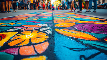 A vibrant chalk drawing on a sidewalk filled with colorful designs.