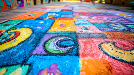 A vibrant chalk drawing on a sidewalk filled with colorful designs.