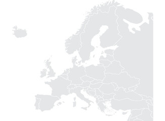 Illustration of a Colored map of Europe.Europe map on white background. Europe template with continents, North and South America, Europe and Asia, Africa and Australia.Grey blank Europe map.