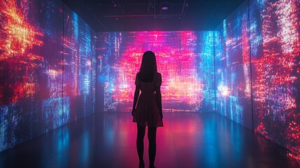 Futuristic AI-powered digital art installations reacting to audience interaction