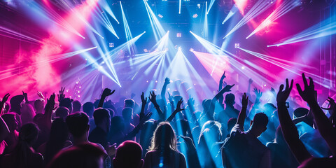 Obraz premium People dance in club spotlight laser lights with hands up in cinematic photography style. People crowd dancing at techno, rave or electronic music club