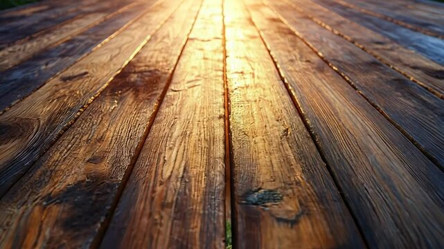 Low angle static shot: Wooden planks bathed in the warm glow of the setting sun.