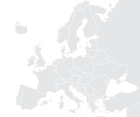 Illustration of a Colored map of Europe.Europe map on white background. Europe template with continents, North and South America, Europe and Asia, Africa and Australia.Grey blank Europe map.