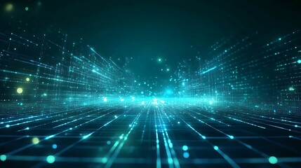 A futuristic digital landscape showcasing glowing lines and particles in a vibrant blue-green color scheme.