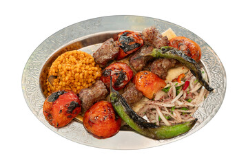 Top view traditional turkish meat and food service ,isolated on white background