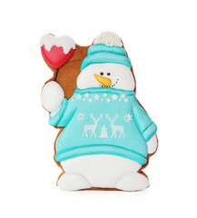 Tasty Christmas cookie in shape of snowman isolated on white