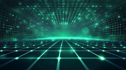 A futuristic digital landscape with glowing grids and lights, creating an immersive and tech-inspired atmosphere.