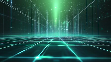 A futuristic digital landscape with glowing grids and light beams, perfect for technology and sci-fi themes.