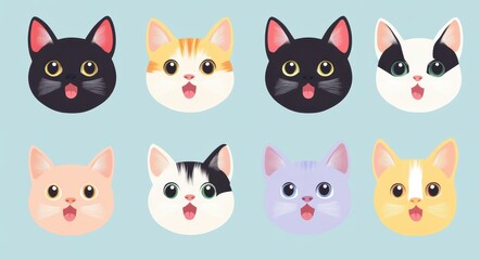 Colorful Cartoon Cats with Playful Expressions in a Fun Lineup