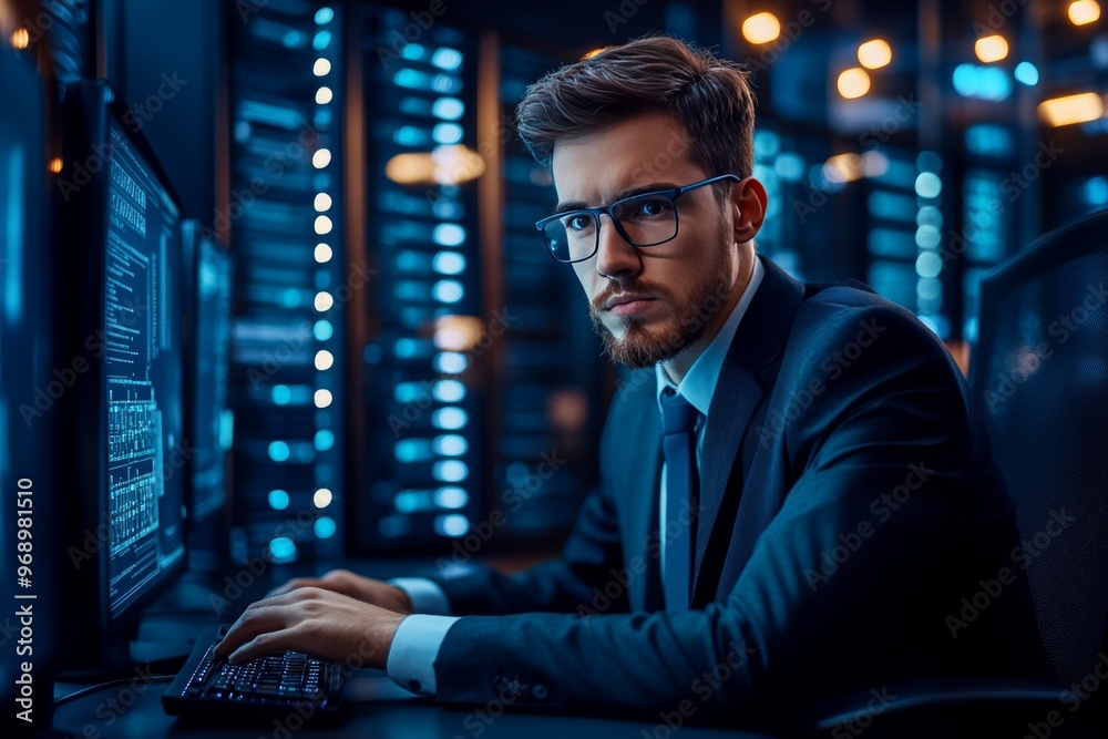 Poster it professional working on a server in a modern data center with a determined expression