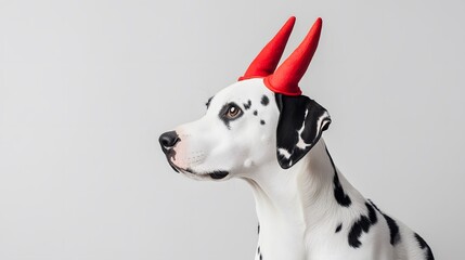 Side view of a dalmatian in a devil horn headband, dramatic side lighting casting bold shadows on the dog face, the white background makes the red horns stand out, mischievous and playful ambiance,