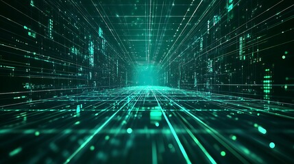 A futuristic digital landscape with glowing lines and particles, representing data transmission and technology advancement.