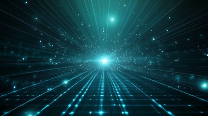 A futuristic digital landscape with glowing lines and particles, representing technology and innovation in a cosmic environment.