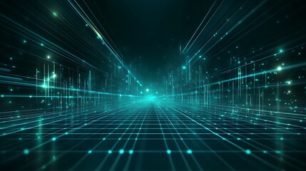 A futuristic digital landscape with glowing lines and particles, creating a sense of speed and depth in a high-tech environment.