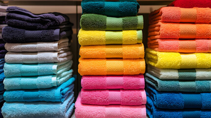 A vibrant stack of colorful towels neatly folded on a store shelf.