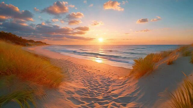 Static shot of a beautiful sandy beach at sunset with a path leading to the sea.