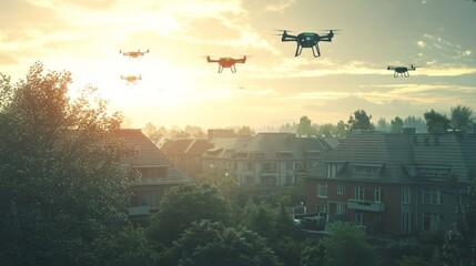 Autonomous AI-driven security drones patrolling residential areas: Drones flying over neighborhoods, using AI to detect suspicious activity and enhance public safety.