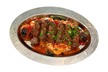 Top view traditional turkish meat and food service, kebab with sauce, isolated on white background.