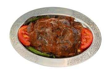 Top view traditional turkish meat and food service, doner with sauce, isolated on white background.