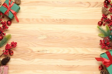 Flat lay composition with different Christmas decor on wooden table. Space for text