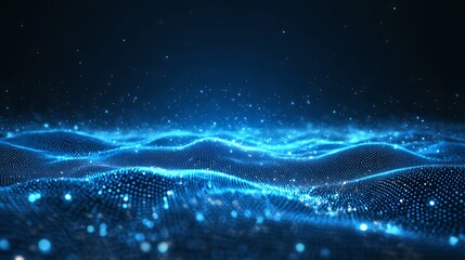 A mesmerizing abstract depiction of glowing blue waves, shimmering with light and depth, creating a sense of digital tranquility.
