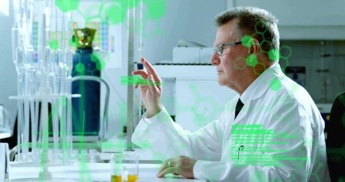 Animation of scientific data processing over caucasian male scientist in laboratory