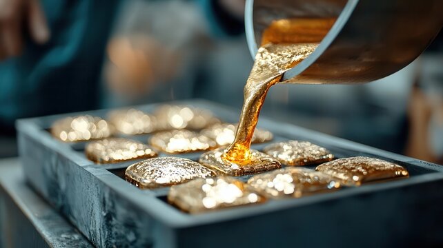 Close-up of molten gold being poured into large molds, forming ingots, Gold refining, industrial process, wealth