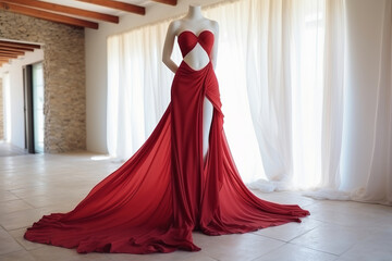 Naklejka premium Striking Red Evening Gown on Mannequin in Sunlit Room with Dramatic Silhouette