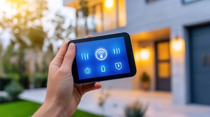 A person holding a smart phone in front of their house, AI