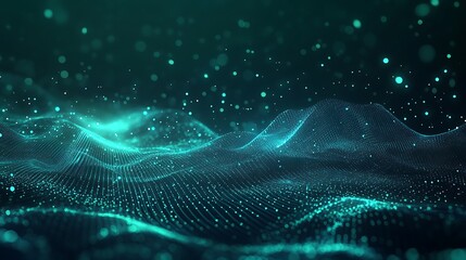 A mesmerizing abstract wave of glowing particles in shades of teal, creating a tranquil digital landscape with depth and movement.
