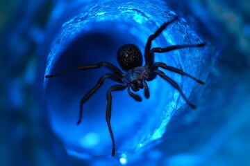 A spider spins a web in a cave, illustrated with an air of mystery and darkness