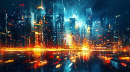 Abstract vibrant city skyline with dynamic lights and energy
