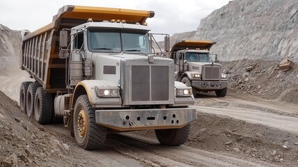 Heavy-duty trucks hauling gold ore from an open-pit mine, Gold mining, industrial extraction, heavy machinery