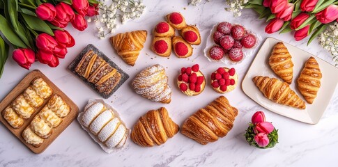 Fototapeta premium A spring morning light croissant, fresh fruit tartlets, macarons, edible flowers, and lavender buds on a delicate pink marble background decorated with rustic wood accents.