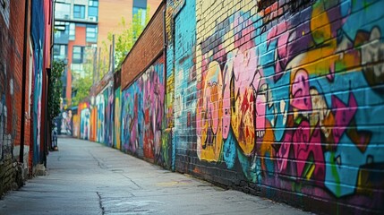 Fototapeta premium A narrow alleyway lined with colorful graffiti art on brick walls.