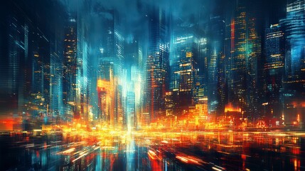 Abstract vibrant city skyline with dynamic lights and energy