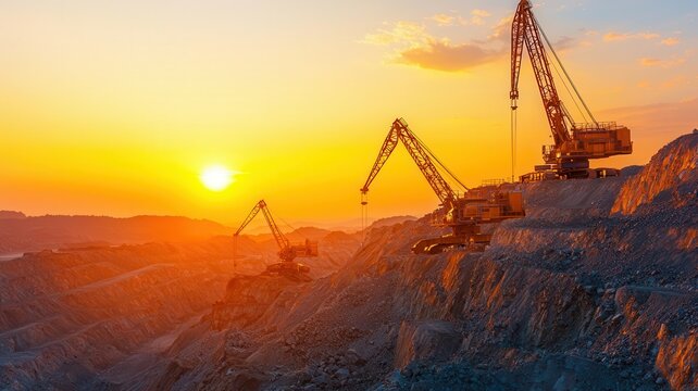 Industrial gold mine with cranes and heavy equipment, operating at dusk, Gold extraction, resource-intensive industry, mining