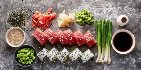 Sushi ingredients on a grey granite surface with ahi tuna rice green onion edamame and soy sauce alongside a plastic sushi bazooka roller