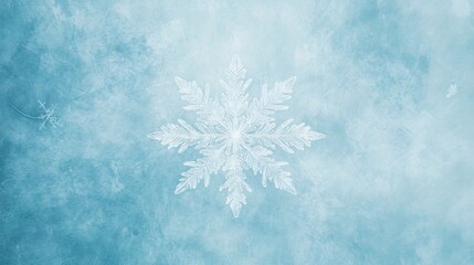 Delicate white snowflake on a pale blue background, creating a serene winter atmosphere.