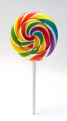 Lollipop with spiral rainbow colors, twisted sucker candy on stick isolated on white background
