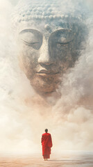A serene scene where a monk in a vivid red robe stands with their back to the viewer, gazing up at a colossal, ethereal Buddha face that seems to form out of mist and smoke