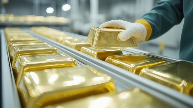 Workers loading gold bars onto a secure transport vehicle, Gold logistics, wealth transport, secure handling