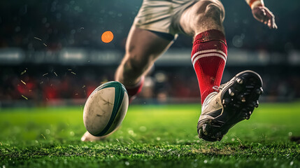 Rugby player preparing to kick the oval ball during a game.