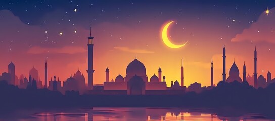 Fototapeta premium Silhouette of a cityscape with mosques and a crescent moon in the sky.