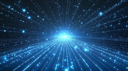 A mesmerizing blue space scene featuring radiant light beams and sparkling particles creating a sense of depth and movement.