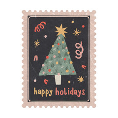 Retro Christmas Tree Postage Stamp. Old Textured Holiday Isolated elements