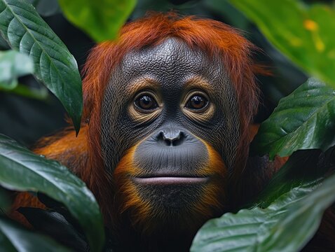 Close-up of a young orangutan peeking through lush green leaves in its natural rainforest habitat.